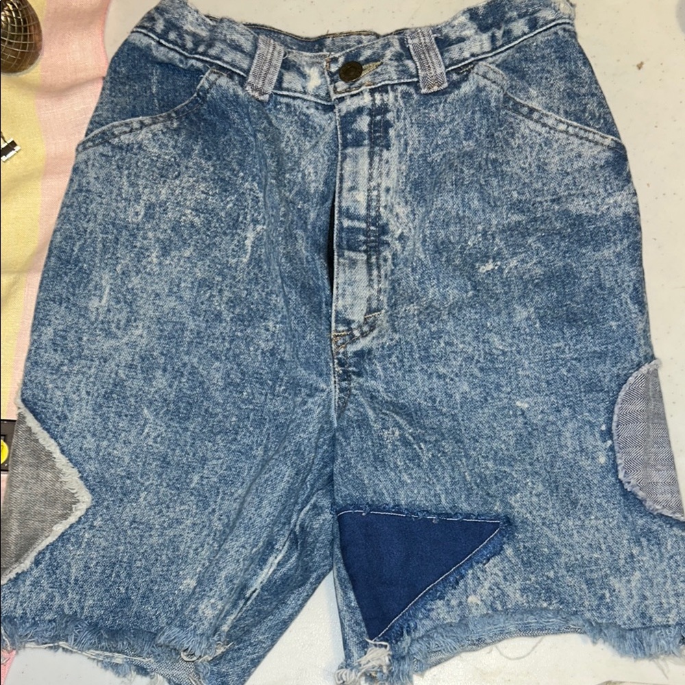 WHAT Vintage Acid Wash Denim Shorts with Patches